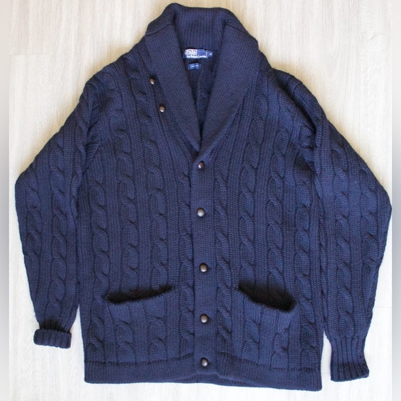 Polo Ralph Lauren Sweater Cardigan Men XL Blue Knit Wool Shawl